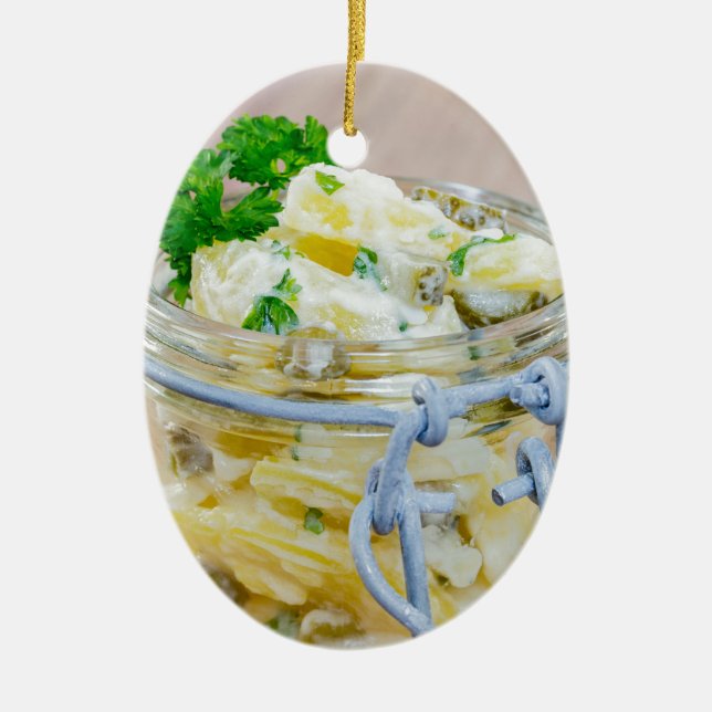 Potato salad in a jar on wooden ceramic ornament (Front)