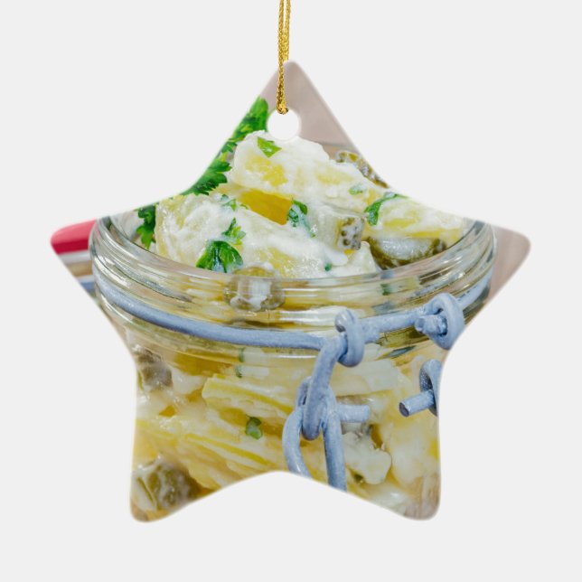 Potato salad in a jar on wooden ceramic ornament (Front)
