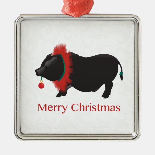 Potbellied Pig Merry Christmas Design Metal Ornament (Front)