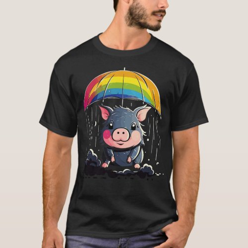 PotBellied Pig Rainy Day With Umbrella T_Shirt