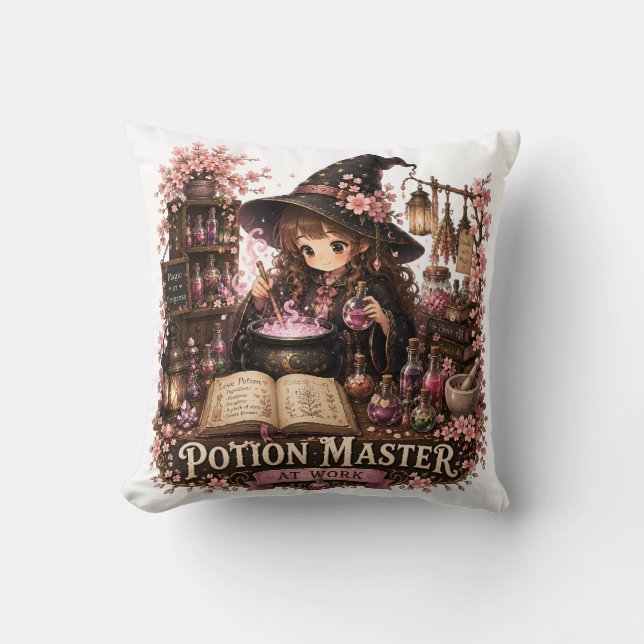 Potion Master At Work Cute Fantasy Witch Throw Pillow (Front)