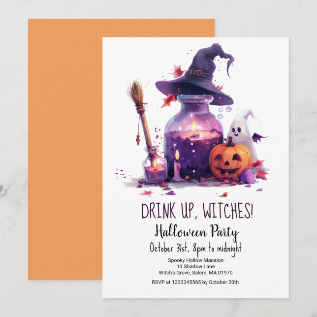 Potions Pumpkin Ghost Witch Hat Halloween Party  Invitation (Front/Back)