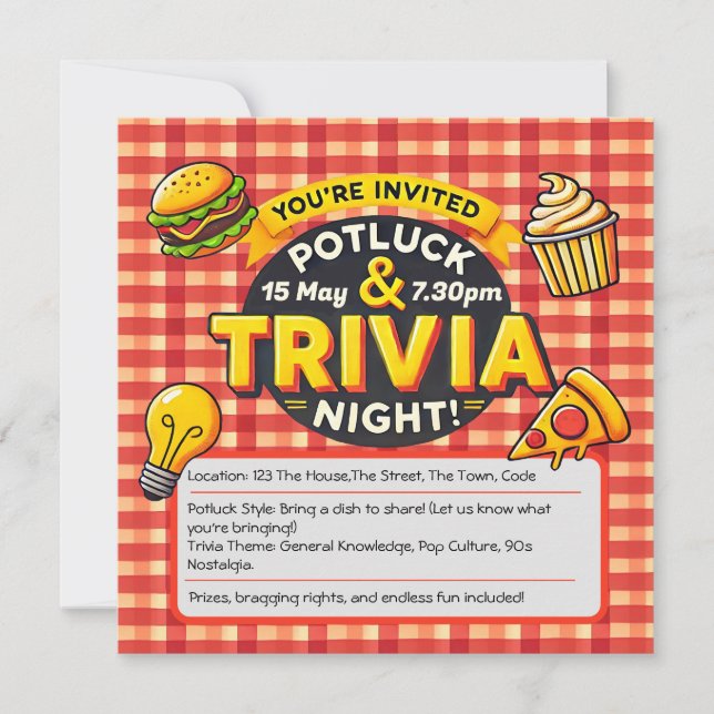 Potluck and Trivia night invite byo pot luck (Front)