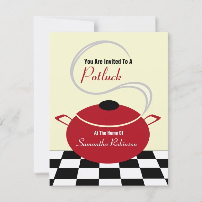Potluck Invite - Black White & Red Kitchen (Front)