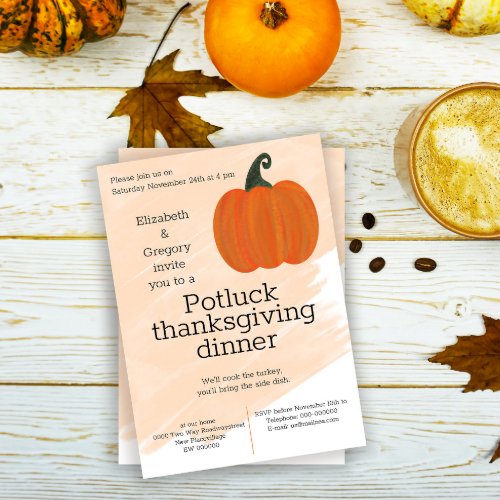 Potluck pumpkin orange modern Thanksgiving dinner Invitation