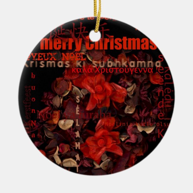 Potpouri World Christmas Navidad Noel text Round O Ceramic Ornament (Front)