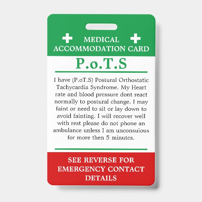 PoTS In Case of Emergency ICE invisible illness Badge (Front)