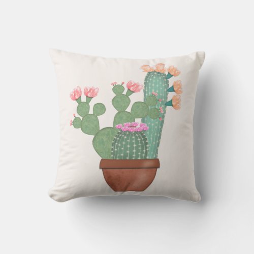 Potted Blooming Cactus Watercolor Outdoor Pillow