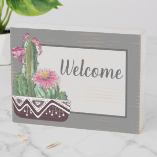Potted Cacti Welcome Wooden Box Sign