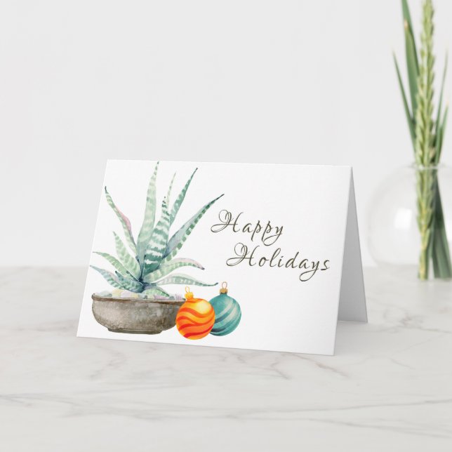 Potted Cactus and Christmas Ornaments Holiday Card (Front)