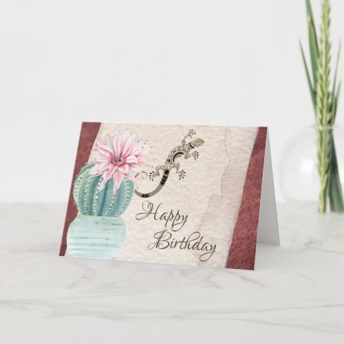 Potted Cactus and Lizard Southwestern Birthday Card