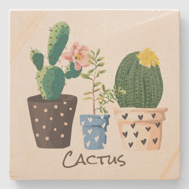 Potted Cactus Custom Stone Coaster (Front)