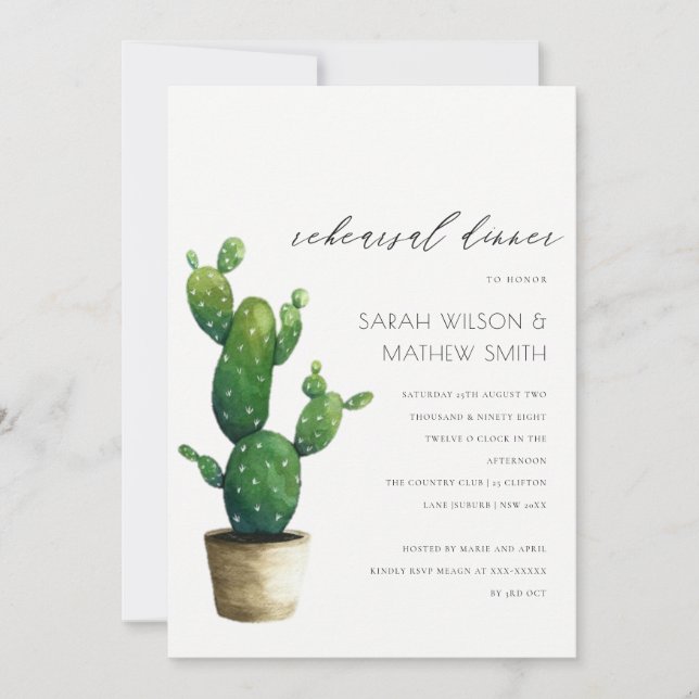 Potted Cactus Green Fauna Rehearsal Dinner Invite (Front)