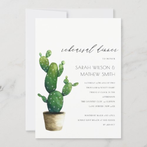 Potted Cactus Green Fauna Rehearsal Dinner Invite