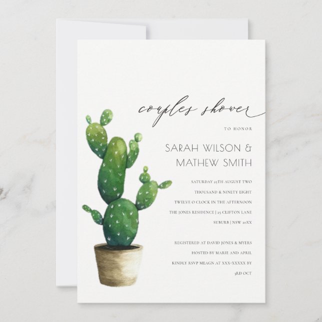 Potted Cactus Green Foliage Couples Shower Invite (Front)
