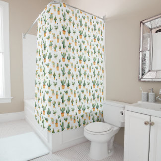 Potted Cactus on White Shower Curtain