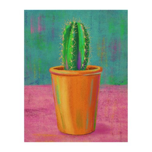 Potted Cactus Pastel Painting Wood Wall Art