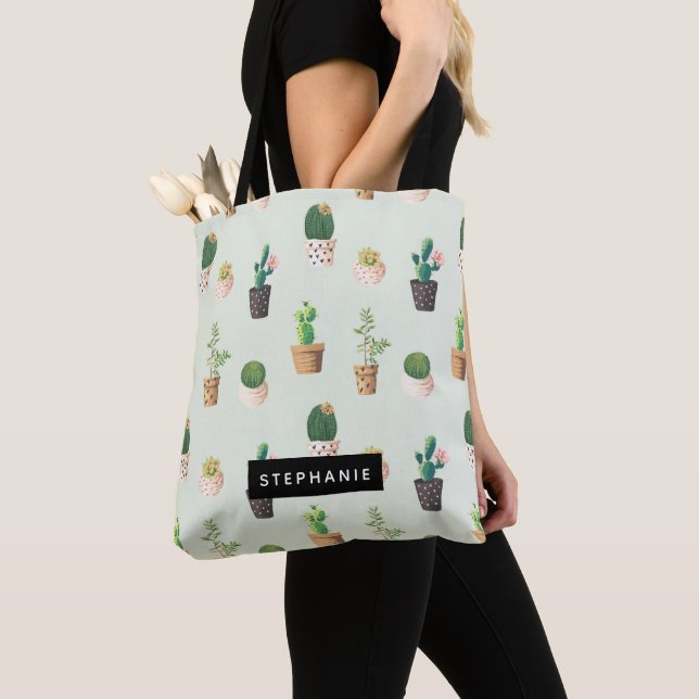 Potted Cactus Succulent Pattern Personalized Tote Bag (Close Up)