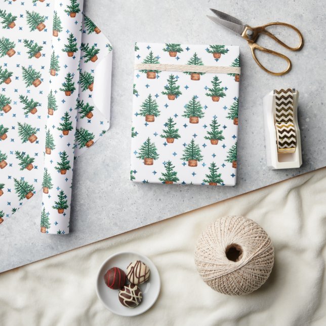 Potted Christmas Tree Farmhouse Holiday Pattern Wrapping Paper (Crafts)