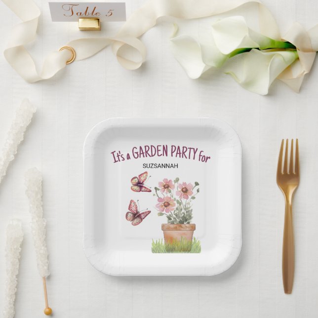 Potted Floral Garden Butterflies Watercolor  Paper Plates (Wedding)