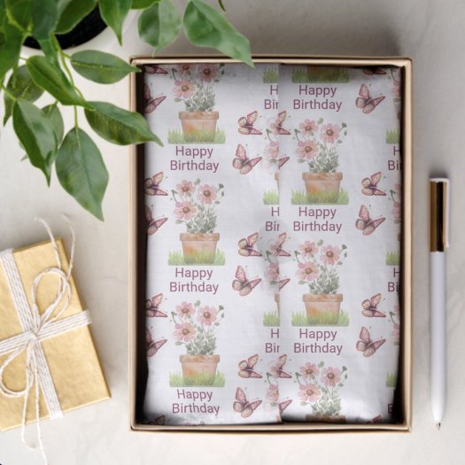 Potted Flowers and Butterflies Watercolor Birthday