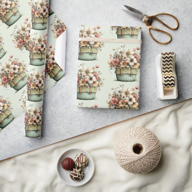 Potted Flowers Cozy Shabby Cute Pattern Wrapping Paper (Crafts)