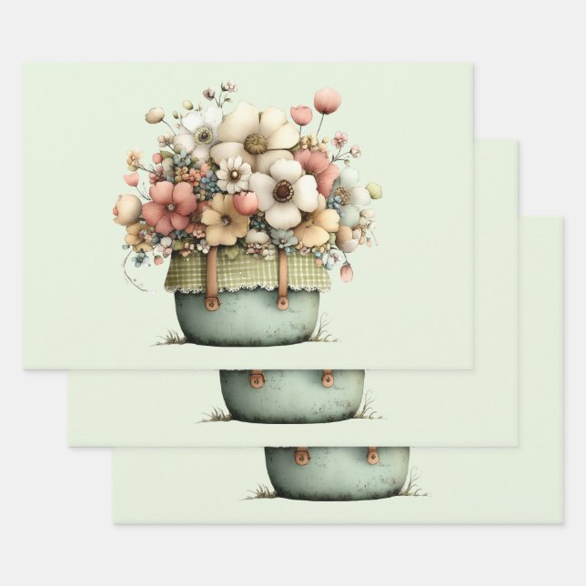 Potted Flowers Cozy Shabby Cute Wrapping Paper Sheets (Set)