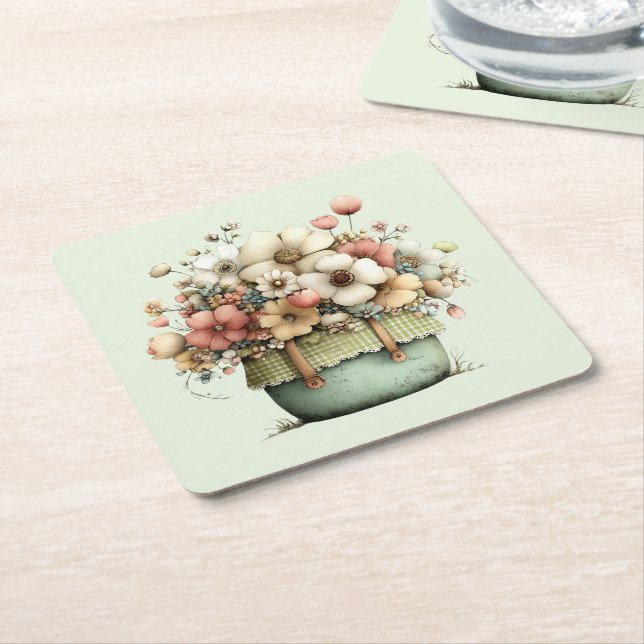 Potted Flowers Cozy Shabby Style Cute Square Paper Coaster (Angled)