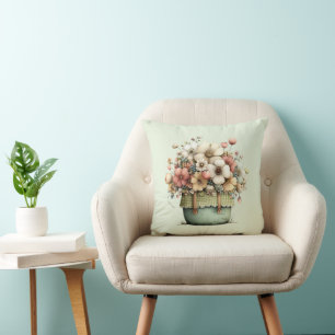 Potted Flowers Cozy Shabby Style Cute Throw Pillow