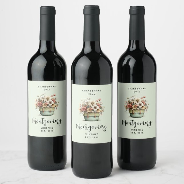 Potted Flowers Cozy Shabby Style Cute Wine Making Label (Bottles)