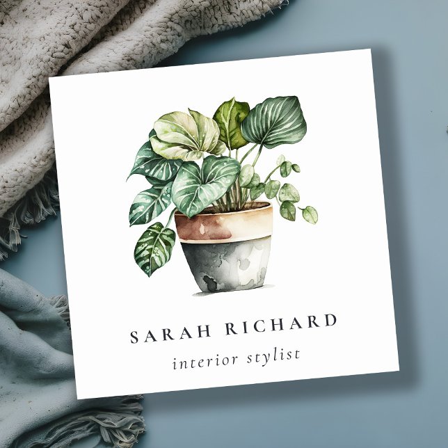Potted Green House Plants Watercolor Botanical  Square Business Card (Creator Uploaded)