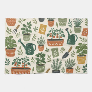 Potted Herbs and Kitchen Garden Botanical Pattern Towel