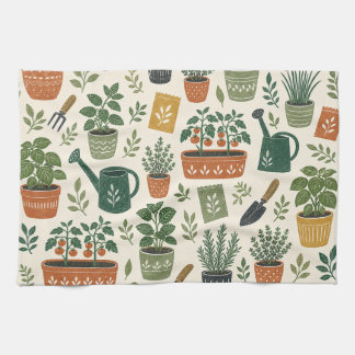 Potted Herbs and Kitchen Garden Botanical Pattern Towel