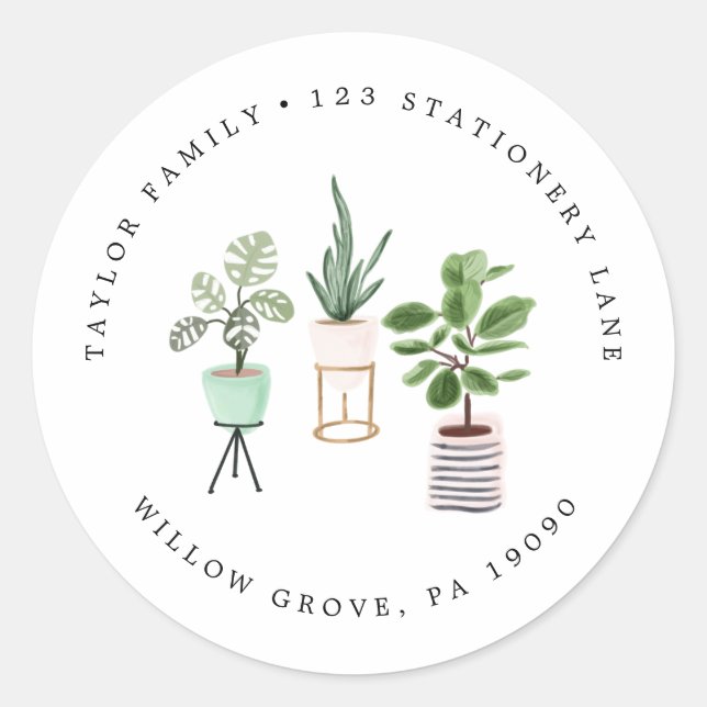 Potted House Plants Circular Return Address Classic Round Sticker (Front)