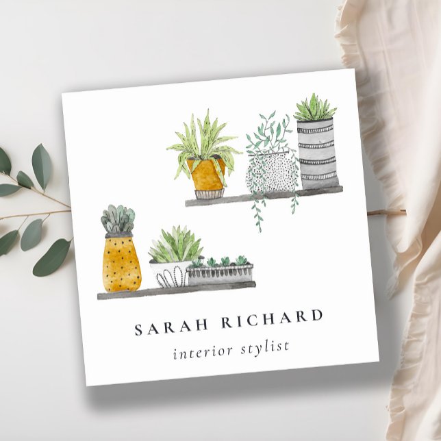 Potted House Plants Watercolor Botanical  Square Business Card (Creator Uploaded)