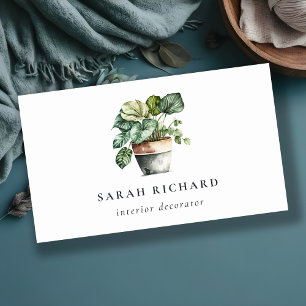 Potted Leafy House Plants Watercolor Botanical Business Card