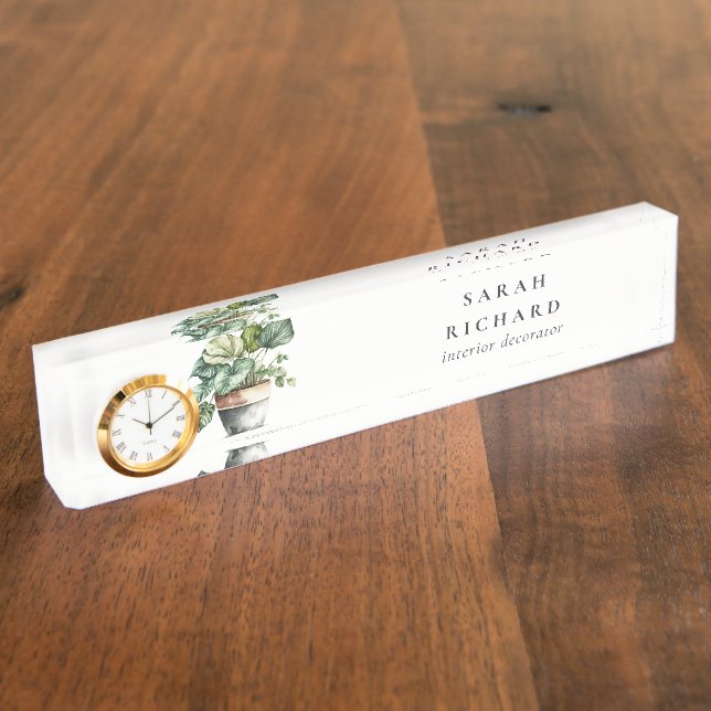 Potted Leafy House Plants Watercolor Botanical  Desk Name Plate (Side)