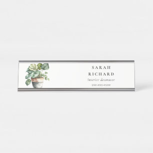 Potted Leafy House Plants Watercolor Botanical Desk Name Plate