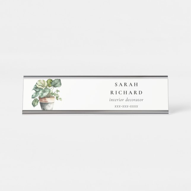Potted Leafy House Plants Watercolor Botanical  Desk Name Plate (Front)