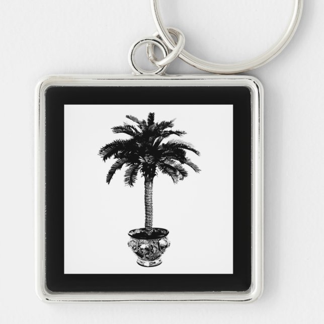 Potted Palm Tree - black and white Keychain (Front)
