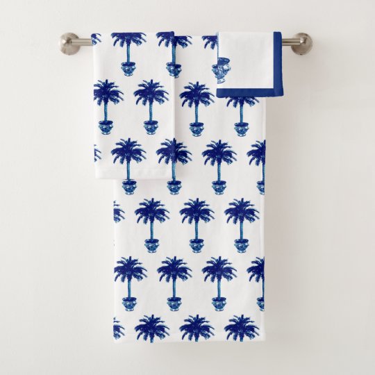Potted Palm Tree cobalt blue and white Bath Towel Set