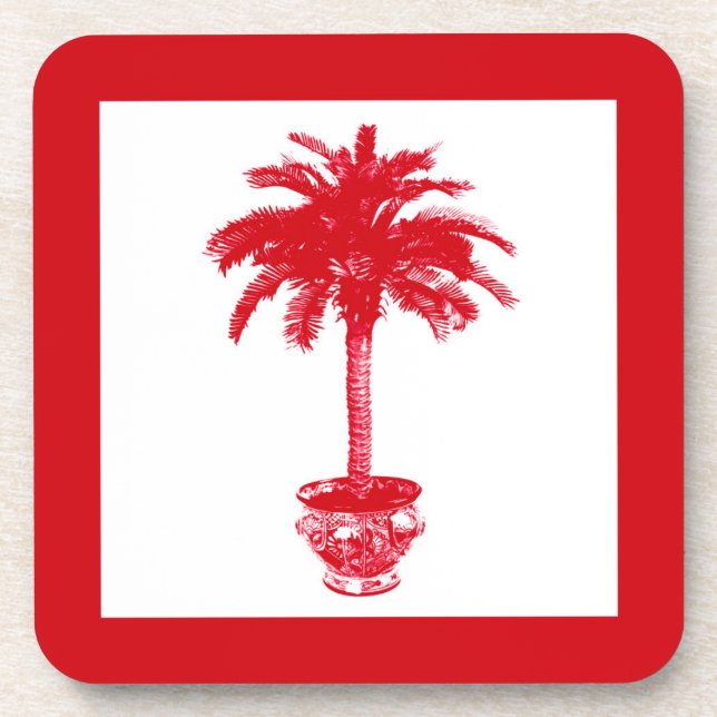 Potted Palm Tree - deep red and white Beverage Coaster (Front)