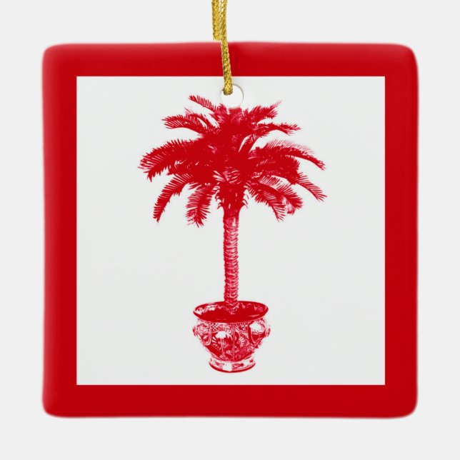 Potted Palm Tree - deep red and white Ceramic Ornament (Front)