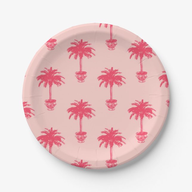 Potted Palm Tree in Shades of Coral Pink Paper Plates (Front)