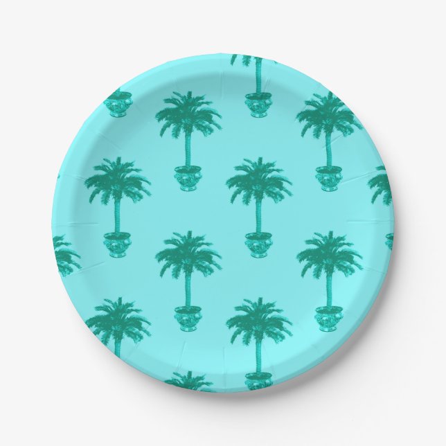 Potted Palm Tree in Turquoise and Aqua Paper Plates (Front)