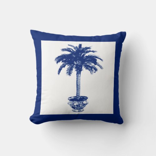 Potted Palm Tree _ navy blue and white Throw Pillow