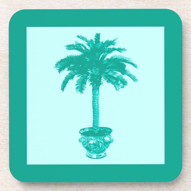Potted Palm Tree - turquoise and aqua Beverage Coaster (Front)