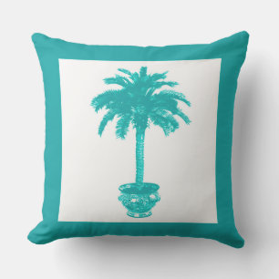 Potted Palm Tree - Turquoise and White Outdoor Pillow
