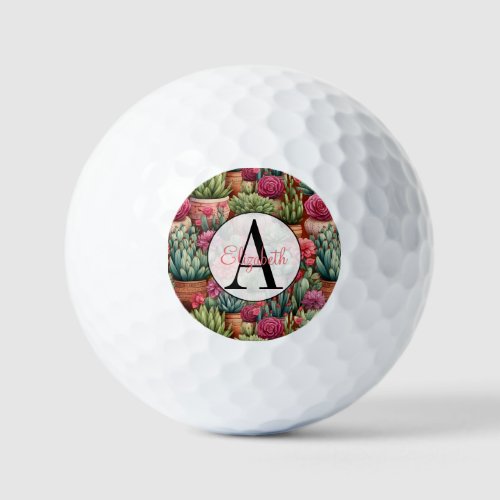 Potted Pink Flower Cactus Monogrammed Golf Balls