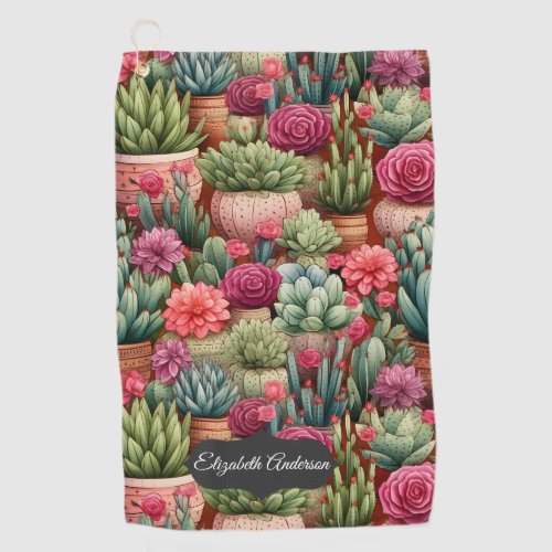 Potted Pink Flower Cactus Personalized   Golf Towel